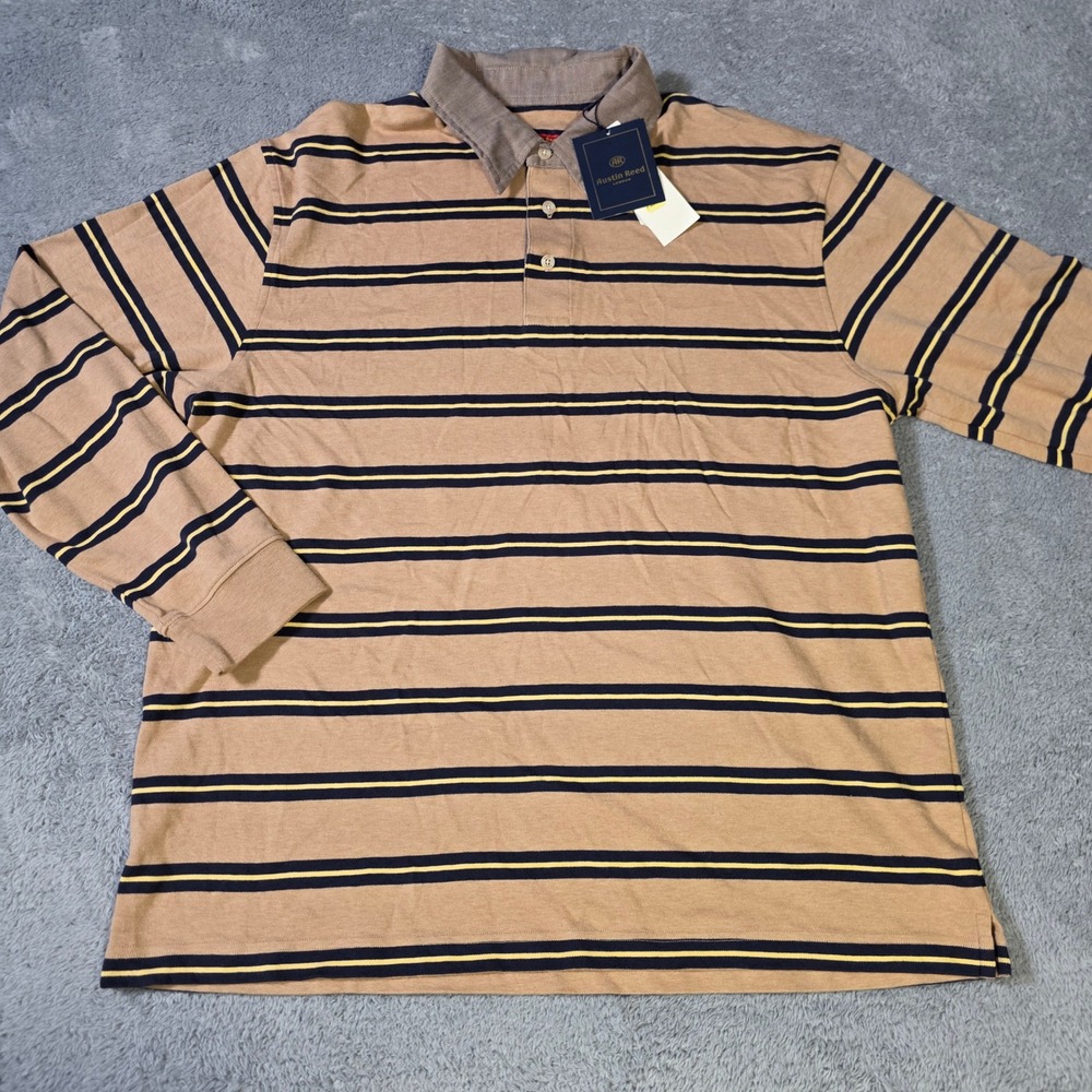 Austin Reed Mens Large Polo Shirt Tan Striped Long Sleeve Cotton Herringbone Clr